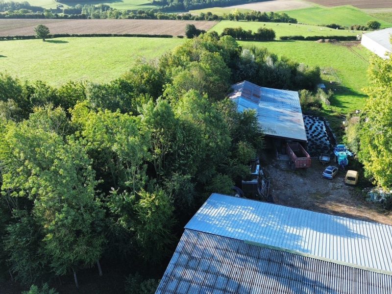 Vue aérienne des deux hangars agricoles en pleine campagne à Dohem